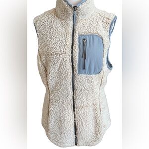 KEREN HART Beige + Dusty Blue Faux Fur Sherpa Vest With Pockets Size Small
